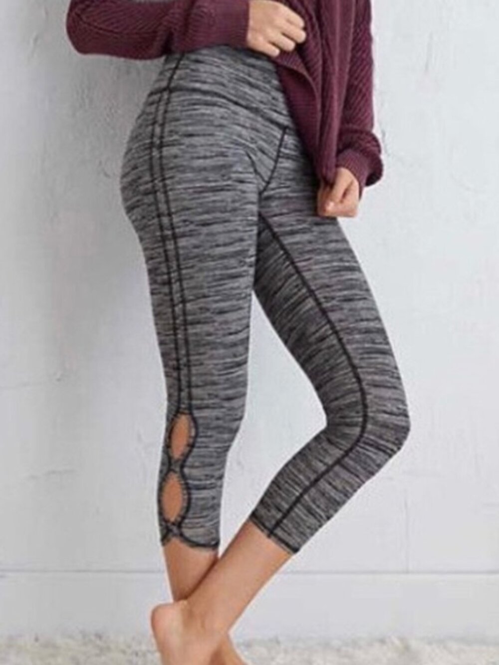 AERIE AMERICAN EAGLE Gray Black Space Dye High Rise Cutout Cropped Crop Leggings